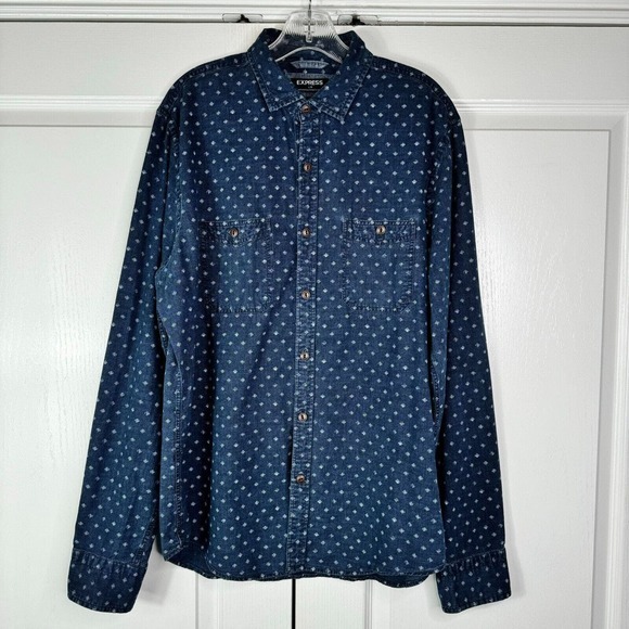 Express Men Blue Casual Button Down Shirt Long Sleeve Solid 2 Pockets Size Large - Picture 1 of 9